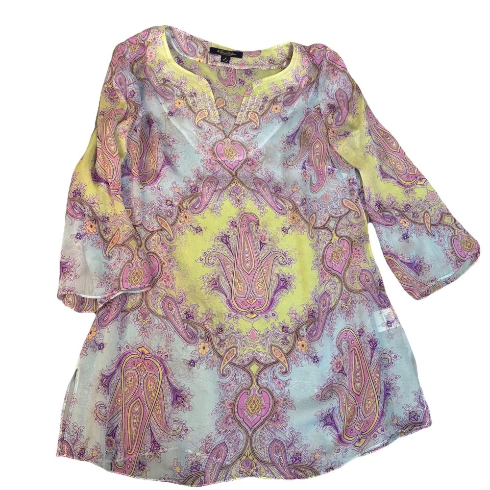 Brooks Brothers Women's Silk Pink & Blue Sheer Paisley Tunic, Women's‎ Medium